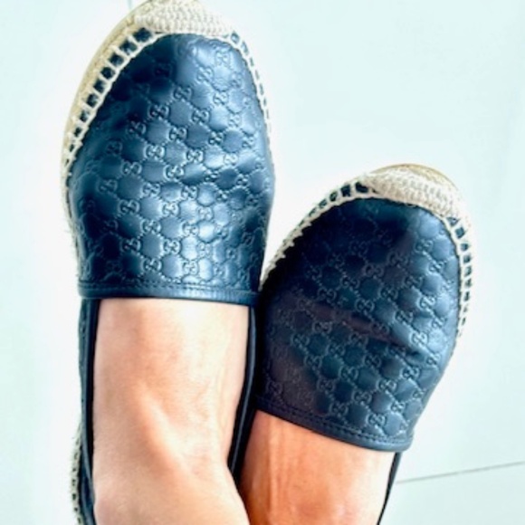 Gucci Shoes - GUCCI GUCCISSIMA GG LOGO BLACK LEATHER ESPADRILLE SHOES 38